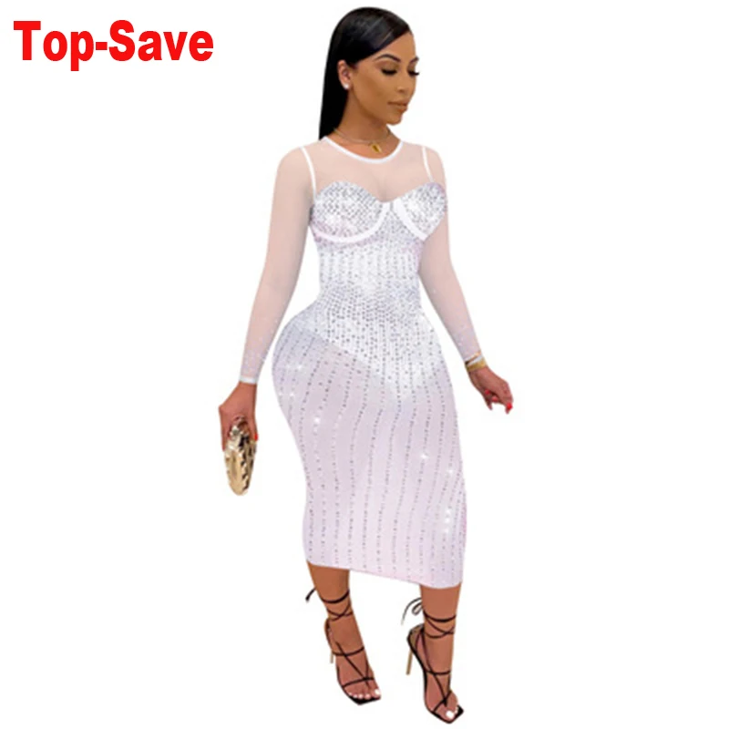 Sparkly Rhinestone Long Sleeve Ladies Dress Nightclub See Through Mesh  Loungewear Women Vestidos Clothing Birthday Outfits 2021|Dresses| -  AliExpress
