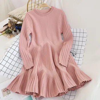 

Elegant Long Sleeve Ruffles Sweater Dress 2019 Autumn Winter Women O-Neck Slim Warm Casual Mini Knitted Dress Vestidos