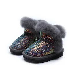 Bottes en cuir pour filles, chaussures chaudes, en coton, à la mode, pour moyens et petits enfants, poils de lapin épais, collection hiver 