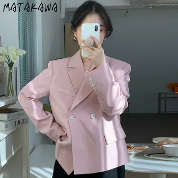 

MATAKAWA Wild Pocket Long Sleeve Suit Jacket Women Blazer Korea Chic Autumn Sweet Lapel Two Button Loose Blazer Feminino