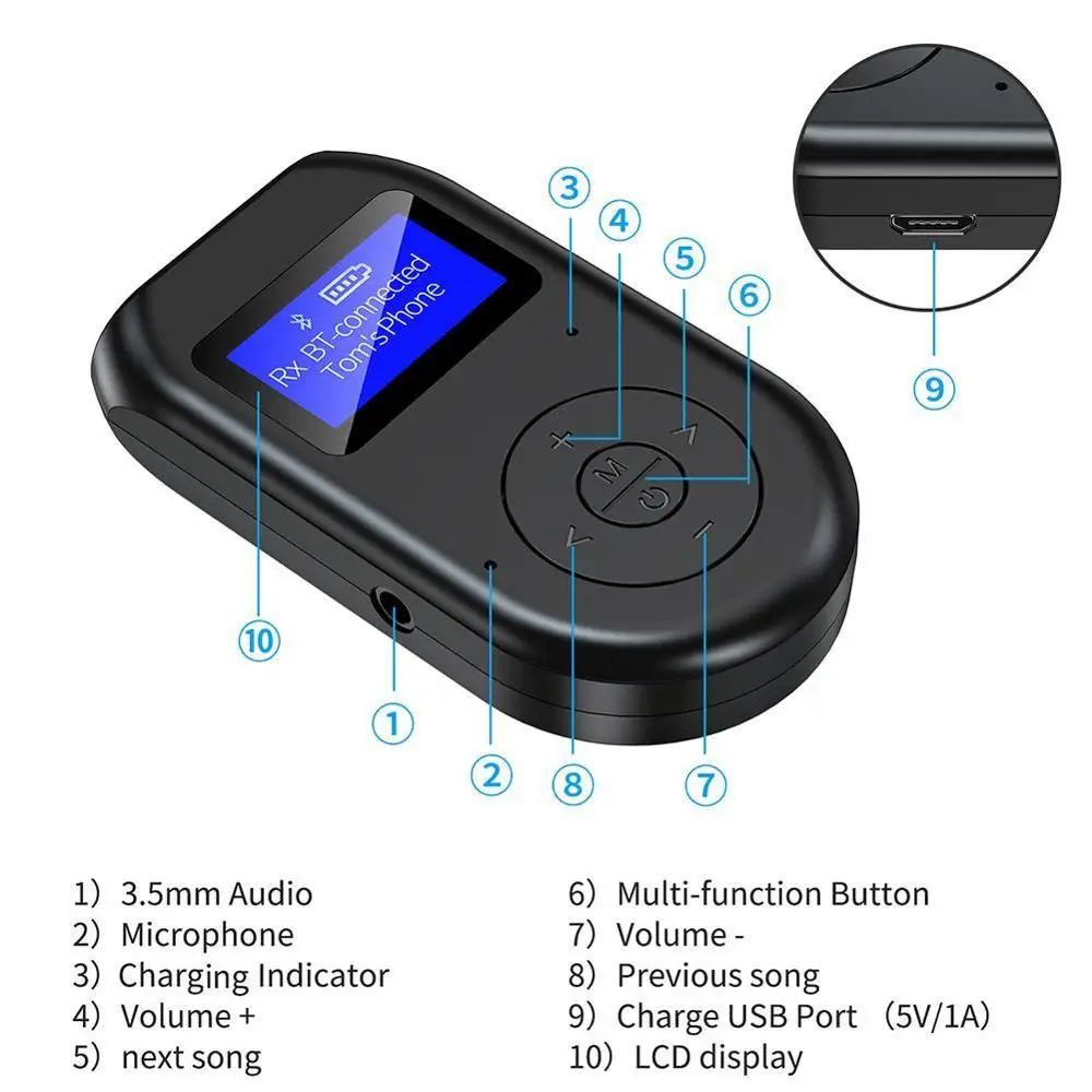 LCD Display Bluetooth 5 0 Audio Receiver Transmitter Speaker Music For Car AUX Jack Adapter 3 5mm Handsfree Headphones Wire F2D5