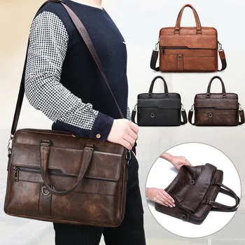 

Retro Men Solid Color Bag Men Faux Leather Briefcase Large Capacity Tote Shoulder Bag 2019 New Casual Business Laptop Briefcase