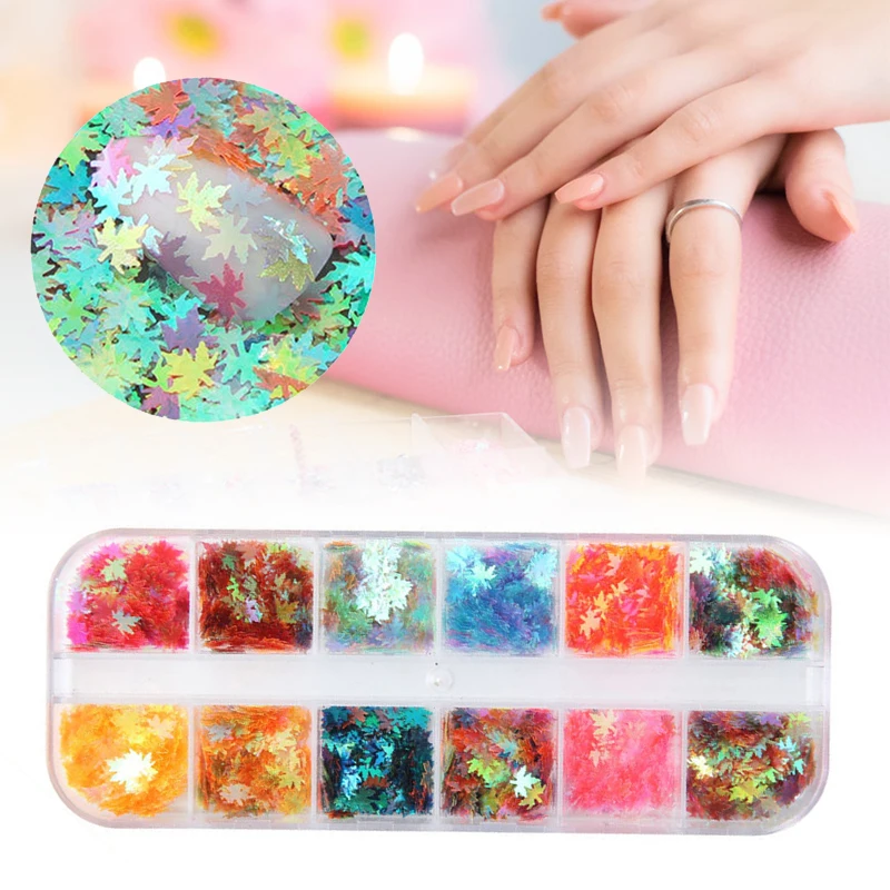 12 Grid Multicolor Autumn Maple Leaf Nail Art Sequins Holographic Chameleon Laser Glitter Flakes UV Gel Polish Tool Decor TSLM1 | Красота и