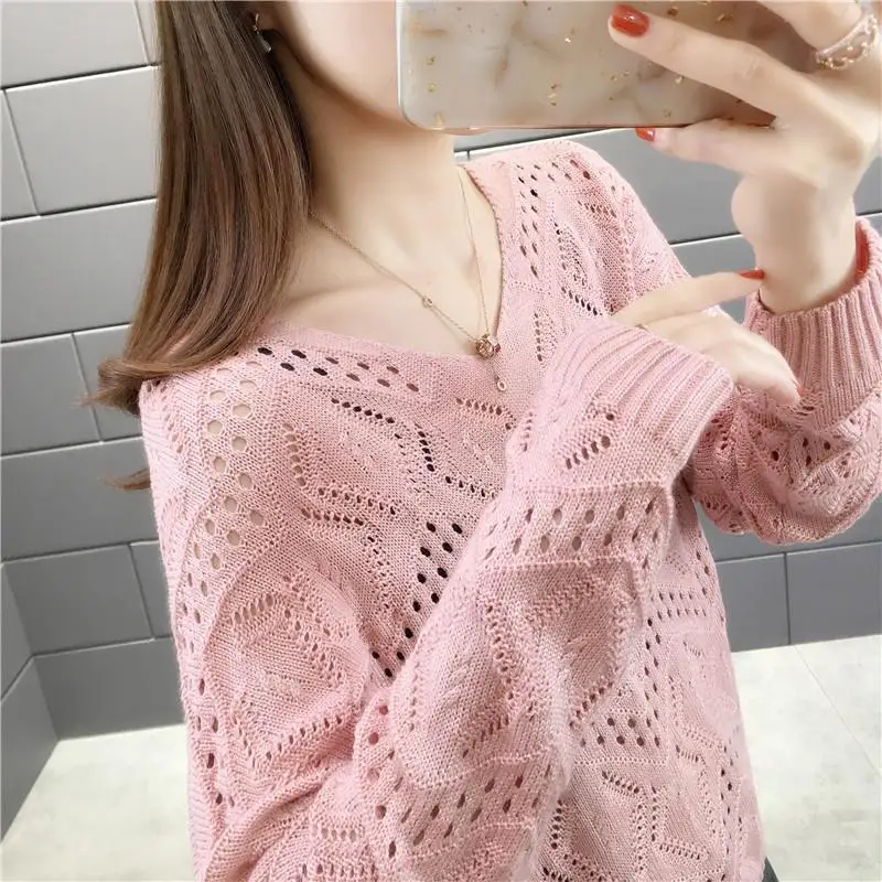 

Cutout Long-Sleeve Knitwear Women's 2020 New Style Pullover V-neck Shirt Loose Sweater Thin