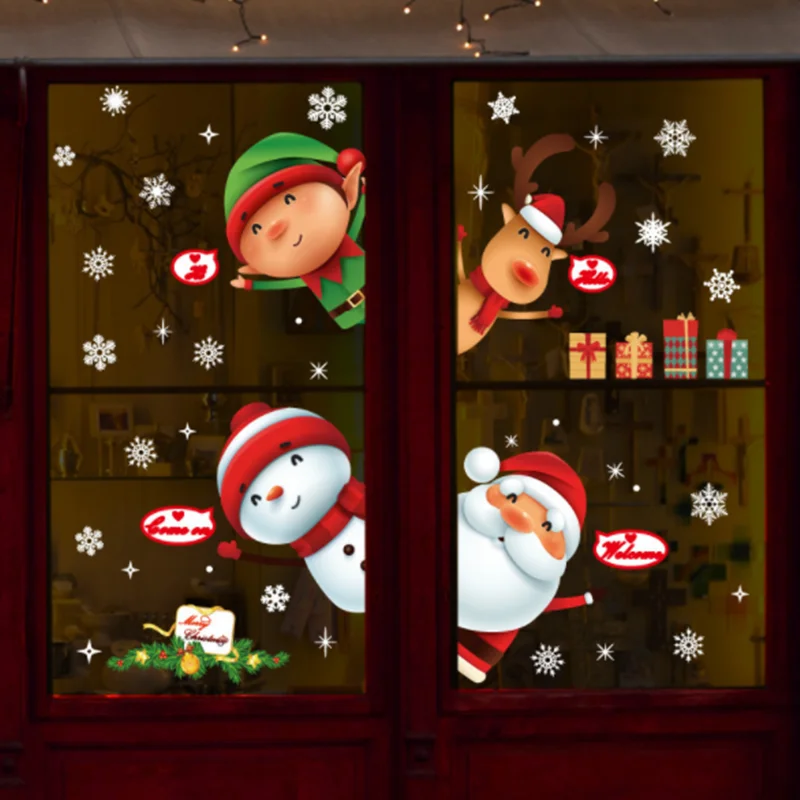

2020 Christmas Stickers For Window Showcase Removable Santa Clause Snowman Home Decor Decal Adhesive PVC New Year Glass Mural