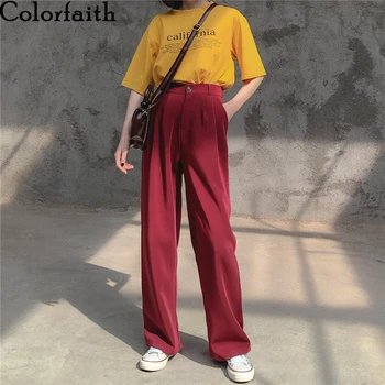

Colorfaith New 2020 Spring Summer Women Pants Straight High Waist Loose Pleated Wide Leg Pockets Casual Wild Long Trousers P832