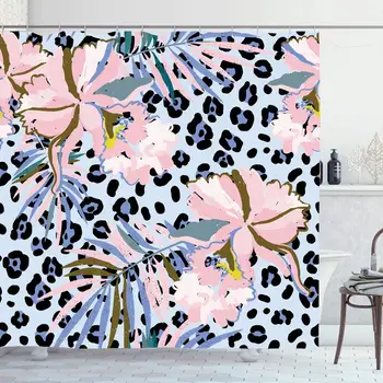 

Shower Curtain Set with Hooks 60x72 Inches Pattern Pink Wild Orchid Flowers Plant Palm Leaves On Nature Dots Texture Trendy