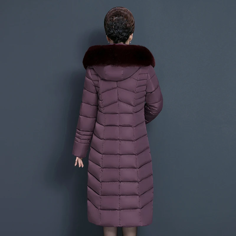 Skup 2019 kurtka zimowa damska w średnim wieku długa z bawełny zagęścić futro z kapturem kołnierz bawełna parki damski płaszcz zimowy Plus rozmiar XL 6XL
