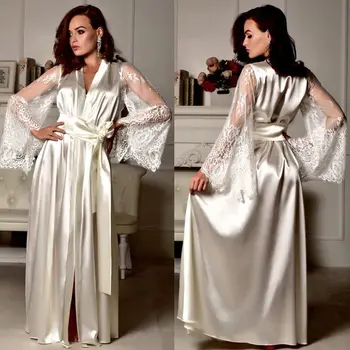 

Lace Women Dress Sexy V Neck Satin Robe Dress Bandage Sleepwear Nightgown Satin Silk Babydoll Smooth Sleep Dresses Maxi Dresses