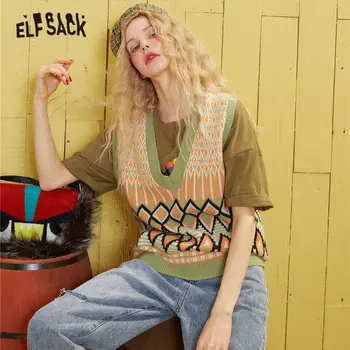 

ELFSACK Red Argyle V Neck Preppy Knit Pullover Women Sweater Vest 2020 Spring Green Vintage Sleeveless Casual Ladies Daily Top