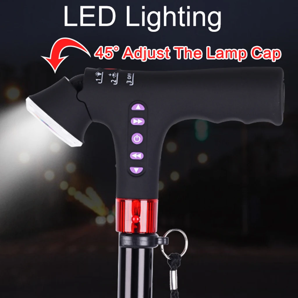 Adjustable Aluminium Walk Stick Cane With LED Light & Alarm And MP3 Player/Radio Recharge Ergonomics Handle Anti Slip Rubber Tip
