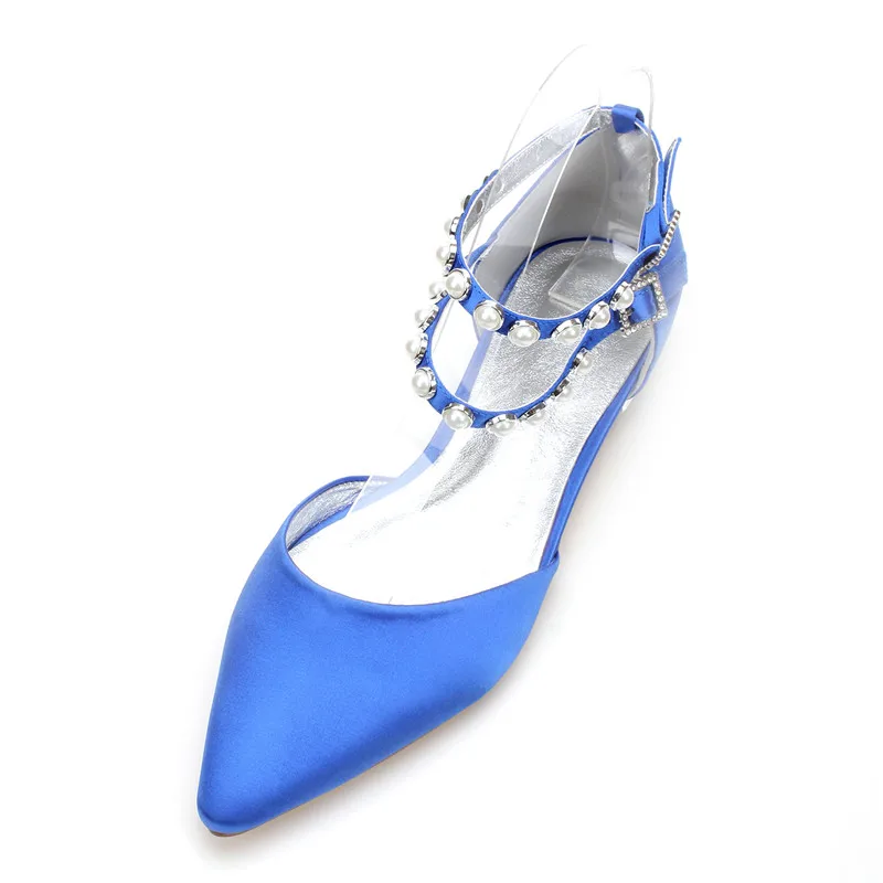OnnPnnQ Women Satin Pearls Wedding Flats for Bride Pointed Toe Double Ankle Buckle Strap Formal Party Dress Flat Shoes Women