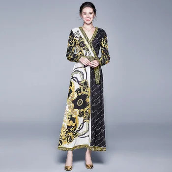 

European beauty autumn dress dress 19 women's retro black and white contrast color blue and white porcelain print V-neck tie