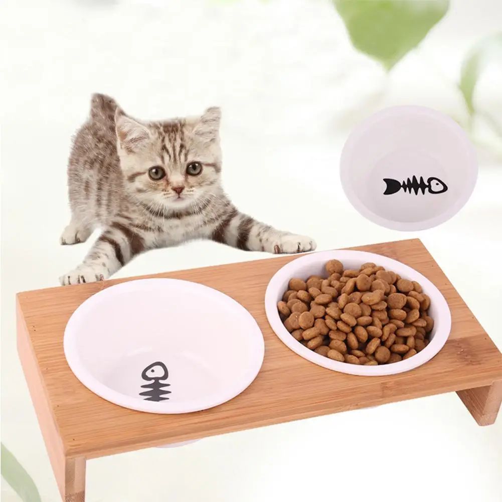 HobbyLane Round Ceramic Feeding Bowl with Antiskid Wooden Frame for Pet Cat Dog Food Water