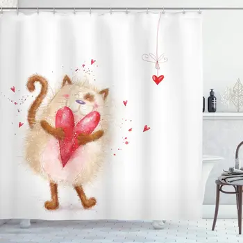 

Brown Cream Love Shower Curtain Love Cat Heart Love Valentines Day Honeymoon Smile Joyful Cheering Bathroom Curtain