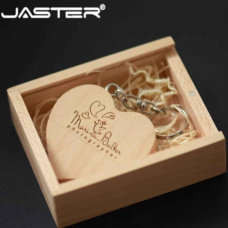 

JASTER (over 10 PCS free LOGO) walnut wooden heart + gift box USB flash drive creative pendrive 8GB 16GB 32GB 64GB memory stick