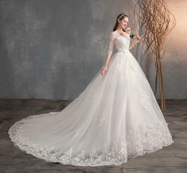2022 New V Neck Half Sleeve Wedding Dresses Long Lace Embroidery Train Bridal Gown Elegant Plus Size Vestido De Noiva 2