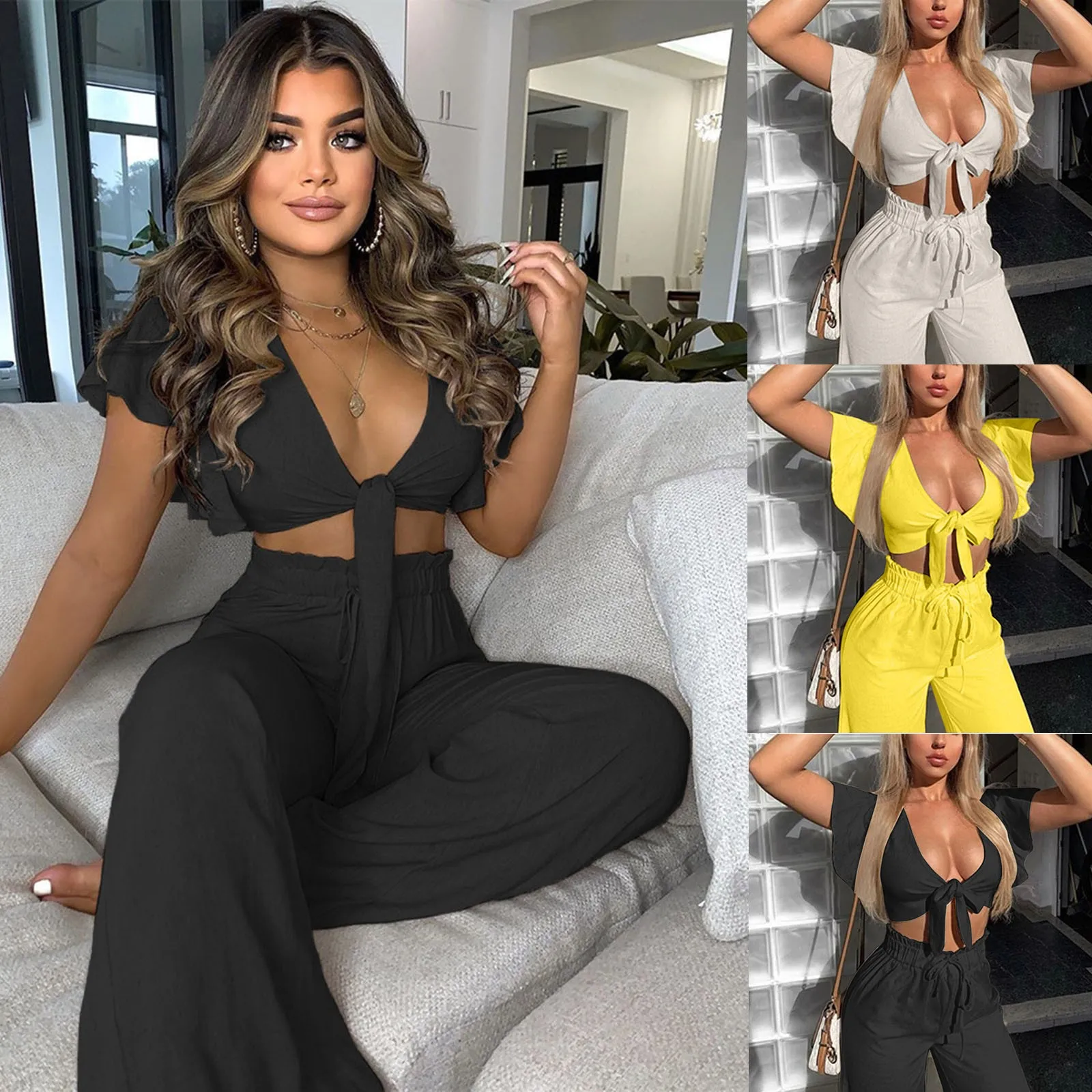 Temperament Women's Summer Suit 2021 V-neck Long Sleeve Slim Solid Tops+wide Leg Pants Goddess Two-piece Set Plus Size#G30 1