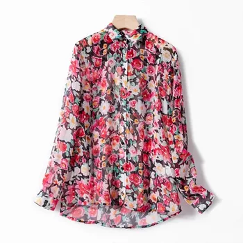 

2020 New Floral Women's Blouse Soft Long Sleeve Turn-down Collar Colorful Flowers Femme Shirt And Top Clothing