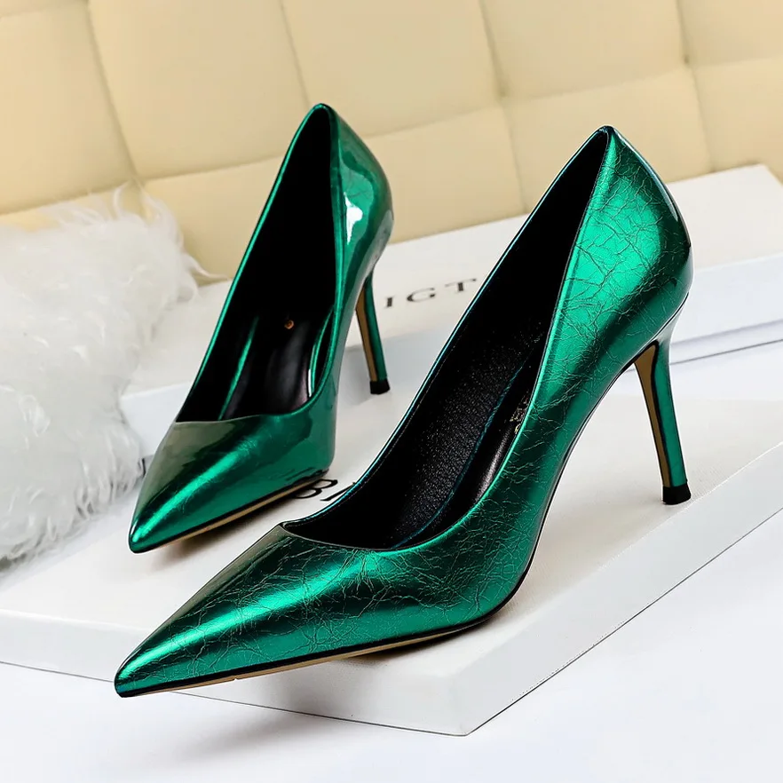 2020 Women 8cm High Heels Pumps Plus Size 43 Pointed Toe Luxury Valentine Lady Shoes Low Heel Scarpins Yellow Green Blue | Обувь