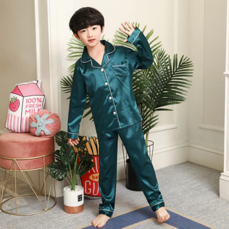 Childrens Boys Girls Ice Silk Pajamas Cardigan Long-sleeved Sleepwear Nightgown