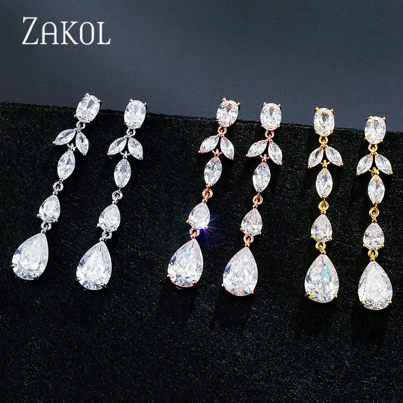ZAKOL новые длинные висячие серьги в виде капли с кубическим цирконием, ювелирные изделия для невесты, для женщин, подарок на свадьбу, вечеринку, день рождения, FSEP2317