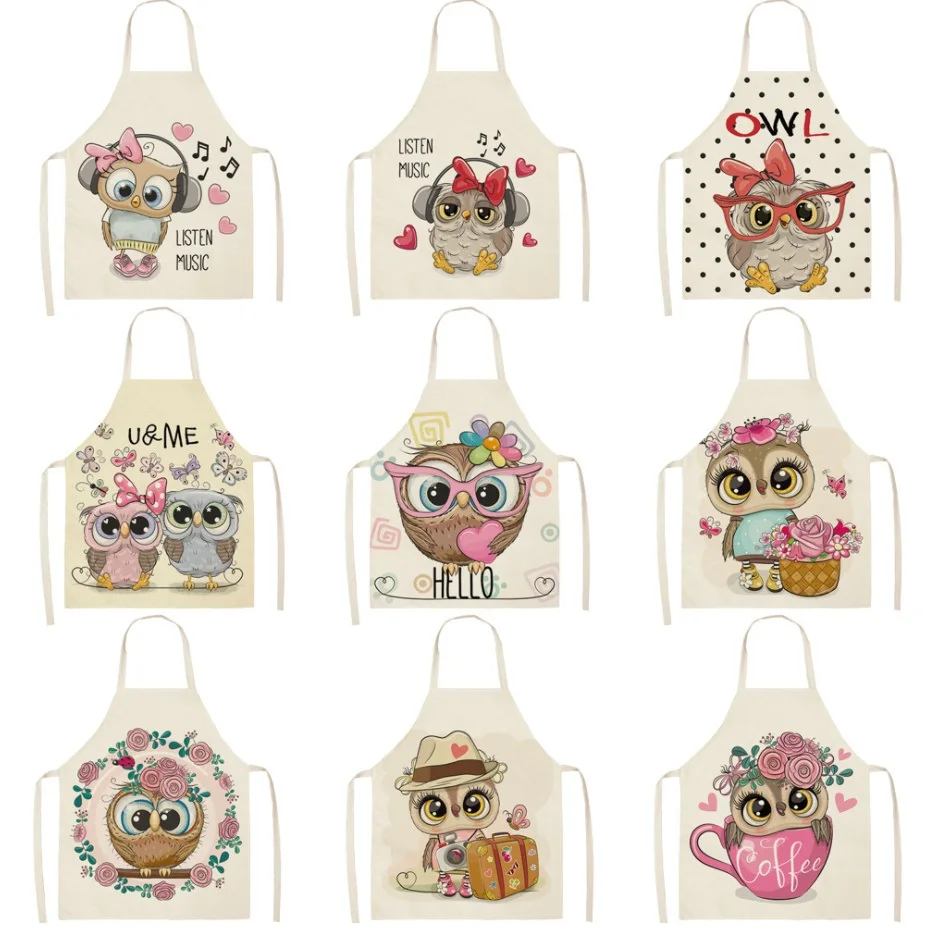 

Owl Flower Cartoon Pattern Printed Cotton Linen Aprons 55*68cm Kitchen Brief Pinafore Women Home Cooking Baking Waist Bibs