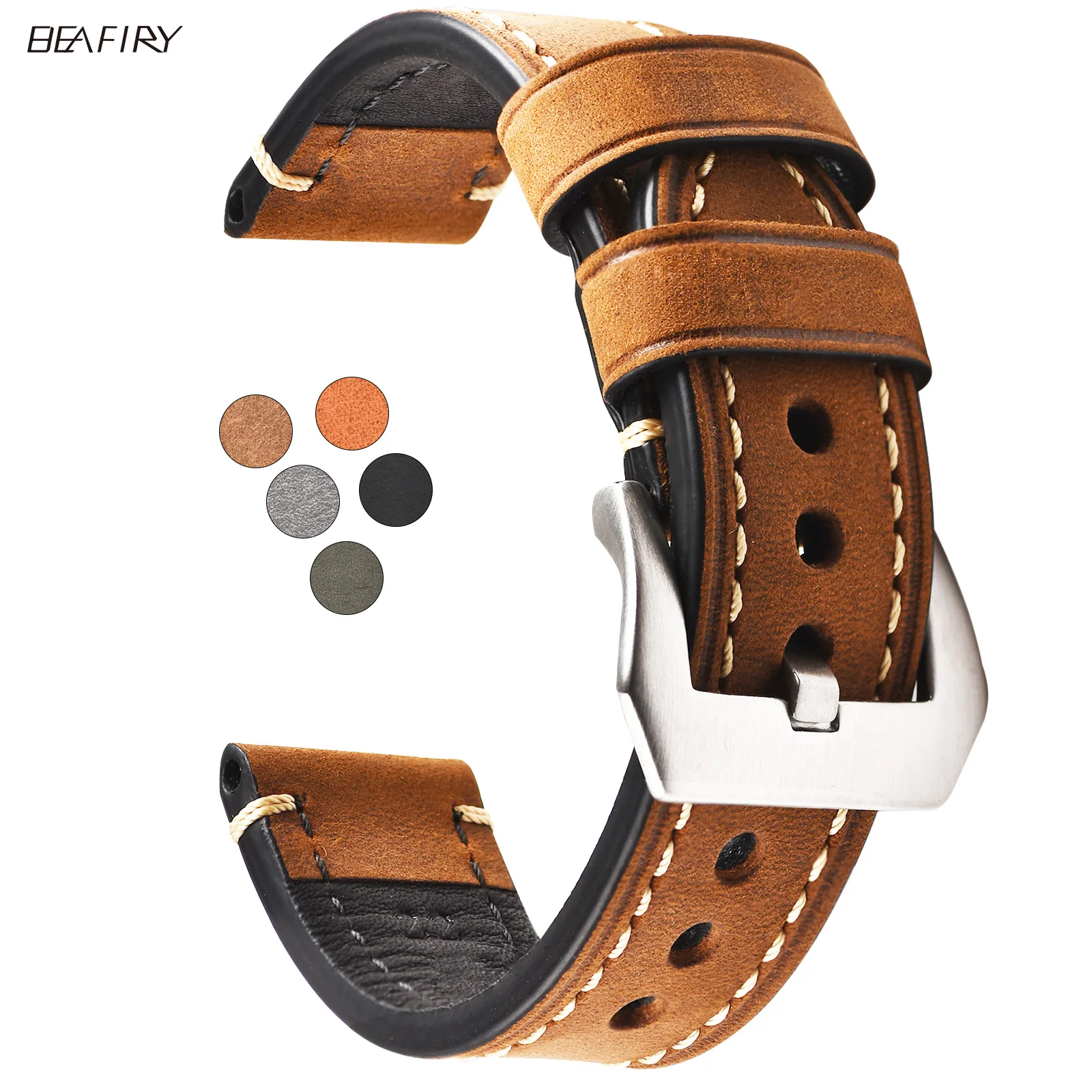 

BEAFIRY Genuine Leather Watch Band Strap 20mm 22mm 24mm Retro Watchband Brown for fossil Panerai Brown Yellow Grey Black Green