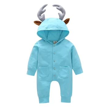 

Spring And Autumn Baby Unisex Rompers Solid Antler Hoodie Design Cotton Kids One-Pieces