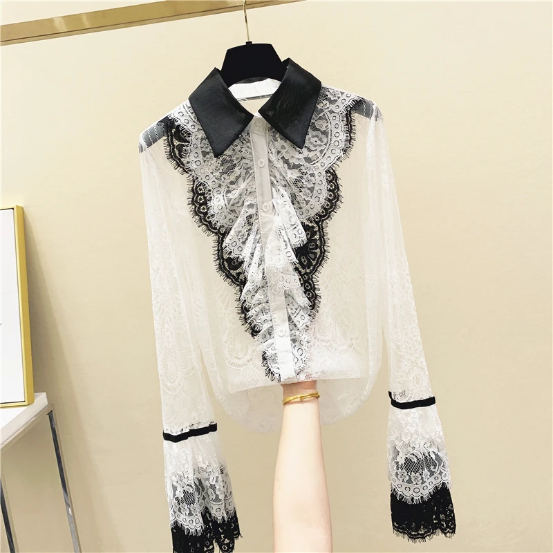 

Palace Style Ruffle Trim Bell-Sleeve Lace Shirt Women's 2020 Spring and Autumn Long Sleeve Lace Blouses Blusas Femme Top Ladies