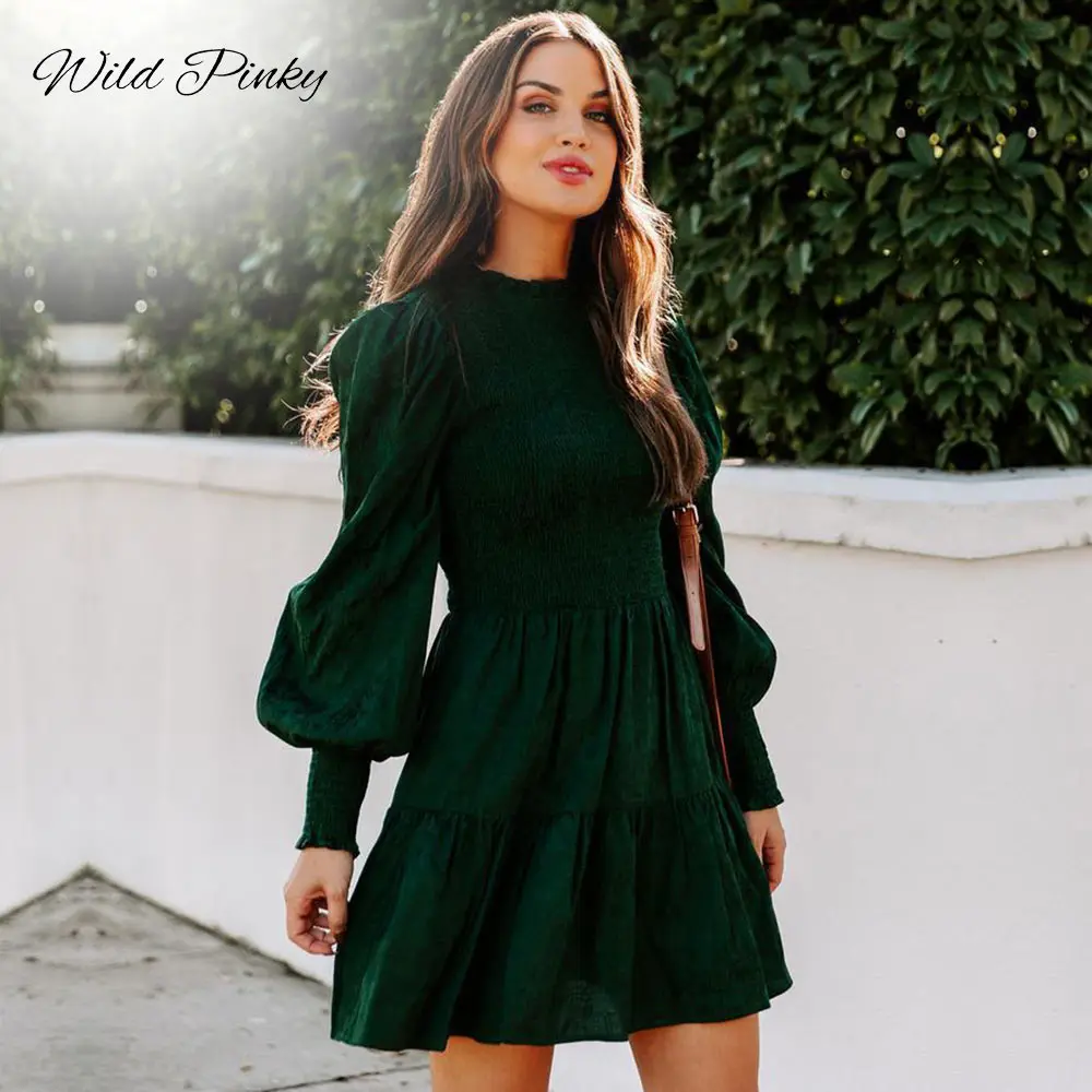 

WildPinky Elegant Green Princess Dress Women Long Sleeve Autumn Spring A Line Mini Party Dress Sexy Fashion Clothing Vestidos