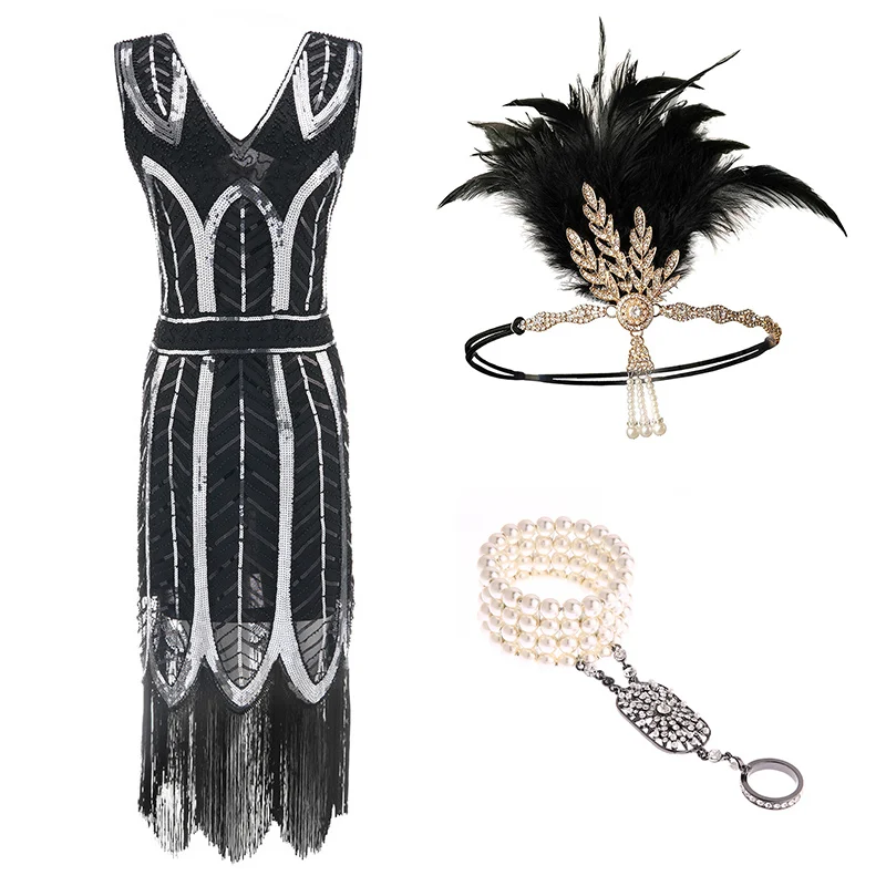 SILVER-SET--1 Платье размера плюс XXXL 1920s с хлопушкой, вечерние платья с блестками и бахромой в стиле Грейт Гэтсби - Цвет: SILVER-SET--1