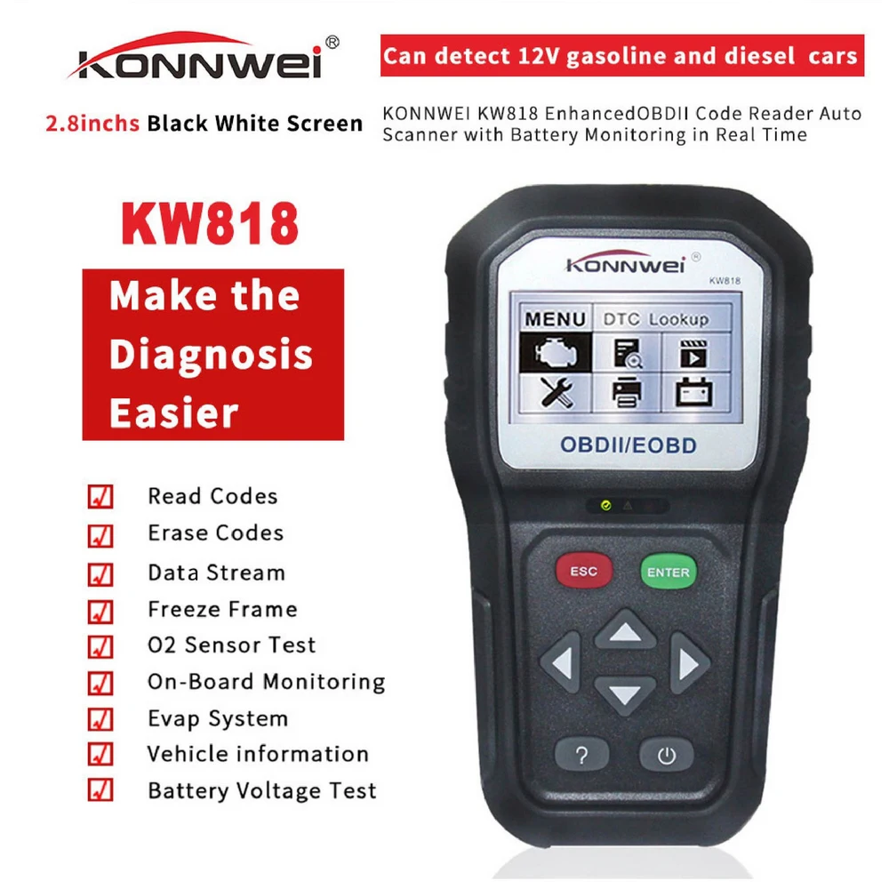 KONNWEI KW818 автомобильный диагностический сканер неисправностей ELM327 MS509 красный черный тестер батареи Antomotive автомобильный диагностический двигатель
