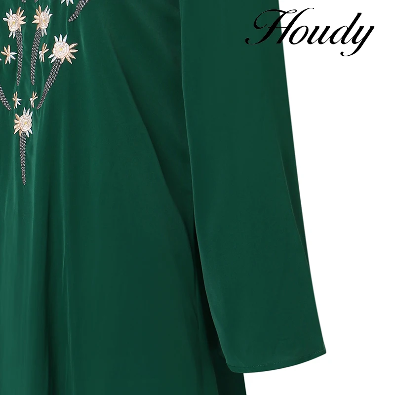 New Spring Summer Women Dress Large Size Loose Oneck Pattern Embroidery Long Skirt Trumpet Sleeves Green Temperament Long Skirt