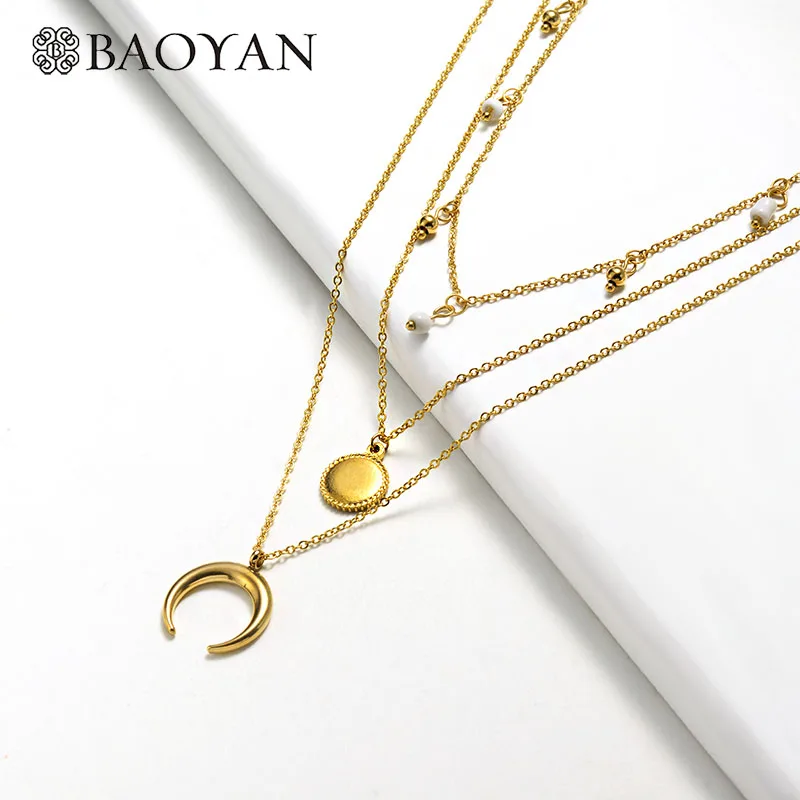 Baoyan многослойное золотое ожерелье с цепочкой, рог, луна, сердце, ожерелье с кулонами в виде монет, женское Трендовое ожерелье из нержавеющей стали