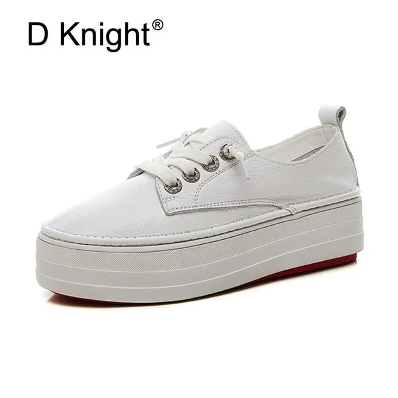 

2020 Spring New Women Flat Platform Sneakers Breathble Vulcanized White Shoes Korean Cow Leather Creepers Student Women's Shoes