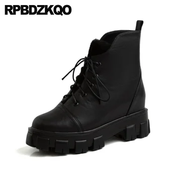 

shoes flatform black chunky women ankle boots medium heel european lace up plush muffin round toe harajuku big size platform 10