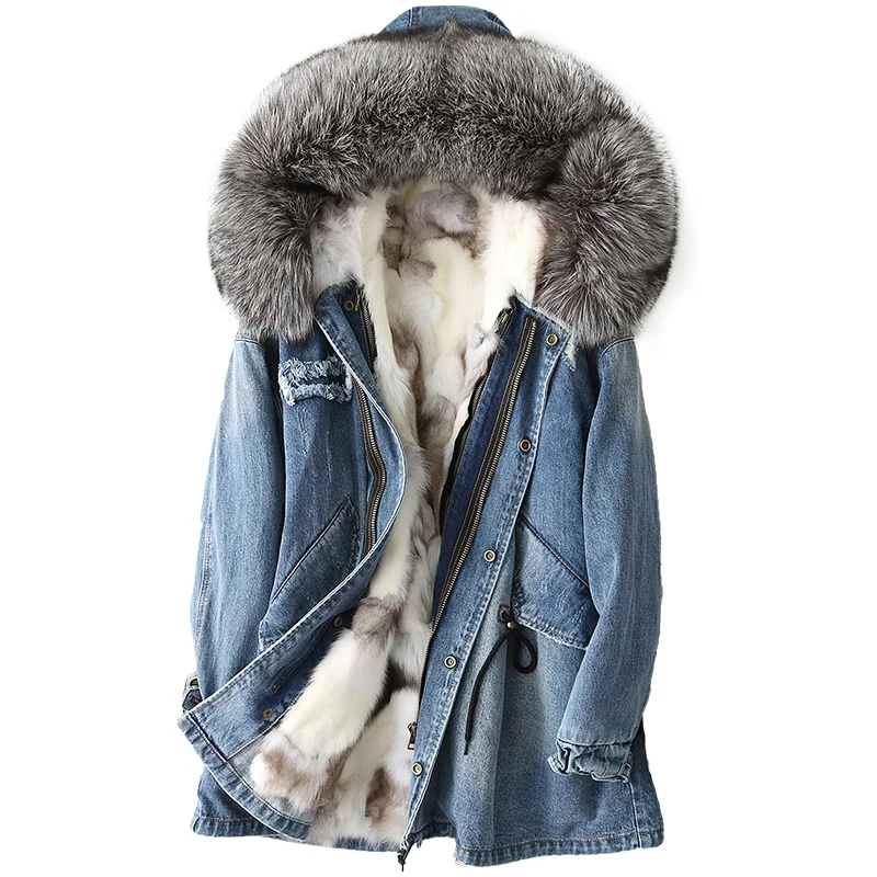 Новая парка пальто из натурального меха женская зимняя джинсовая куртка с капюшоном из натурального Лисьего меха подкладка теплые джинсы пальто KQN68659-1 KJ3154