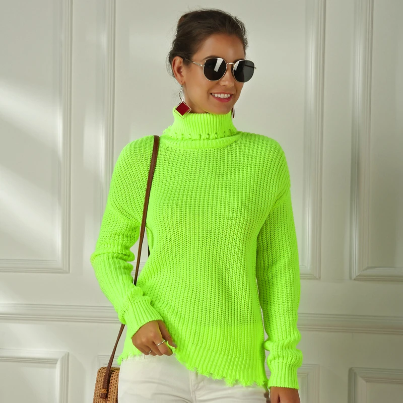 Pull tricoté vert fluo pour femme, pull tricoté à manches longues, Slim,  grande taille, tendance, pull over dames | AliExpress