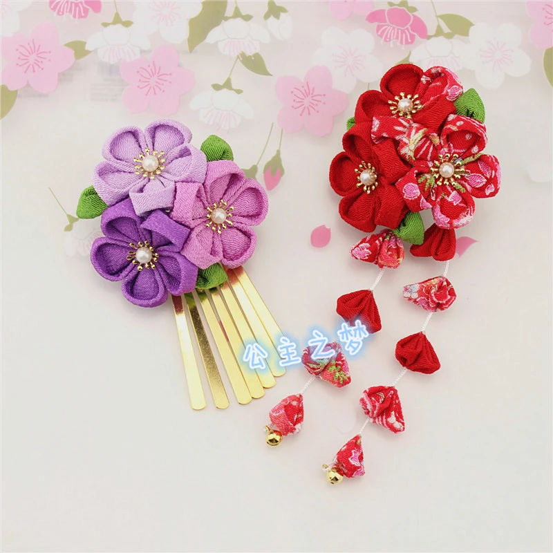 Adorno de pelo Kanzashi estilo japonés Sakura Crape, de glicina, flor roja y Kimono Yukata, accesorio hecho a mano|Accesorios de disfraces| - AliExpress