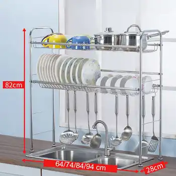 

New 2 Tiers Stainless Steel Dishes Rack Dual Sink Drain Rack Adjustable Multi-use Kitchen Organizer Rack Dish Shelf Sink Drying