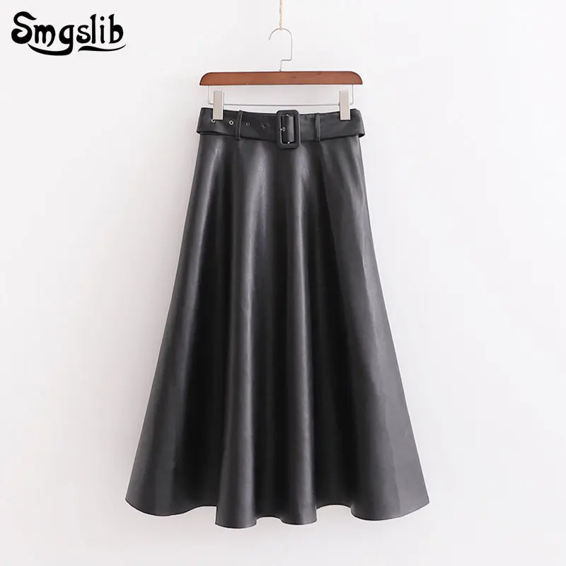 

2019 Fashion New Spring Autumn skirt Elegant england style vintage black high waist sashes single breasted leather skirts