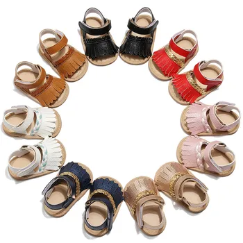 

Summer Solid Fringe Baby Sandals Anti-slip Adjustable Hook&Loop Girls First walker Shoes Weave Decoration Princess sandals