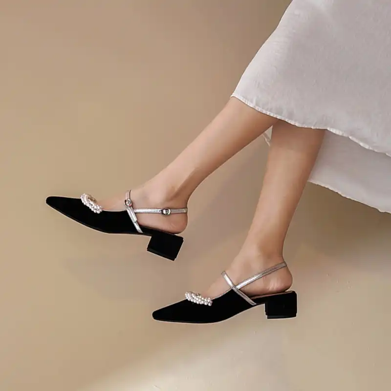 black mules with pearls
