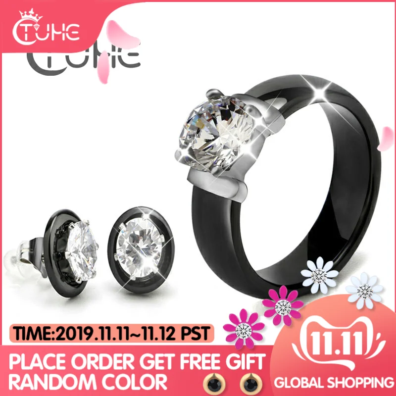 Billig Heißer Verkauf Kristall Hochzeit Schmuck Sets Schwarz Weiß Keramik Ohrring und Ringe Sets Mit Großen Karat Strass Für Frauen Schmuck