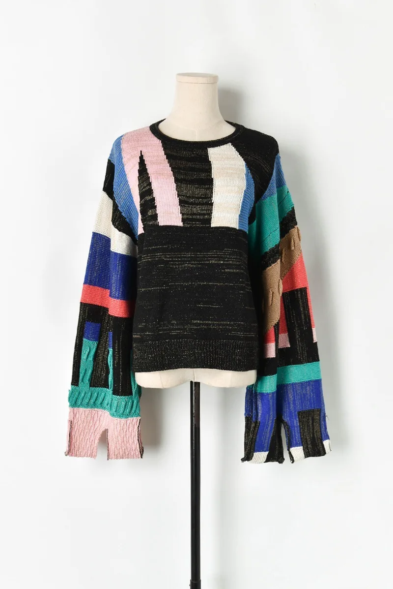 Корейский Осенний женский длинный рукав Геометрический Пэчворк Вязанный свитер женский негабаритный Раздвоенная вспышка пуловер свитер