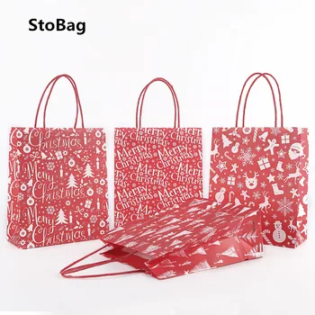 

StoBag 12pcs Red Merry Christmas Cnady Snack Handle Bags For Party Favor Handmade Gift Package Tote Paper Bags Decorating