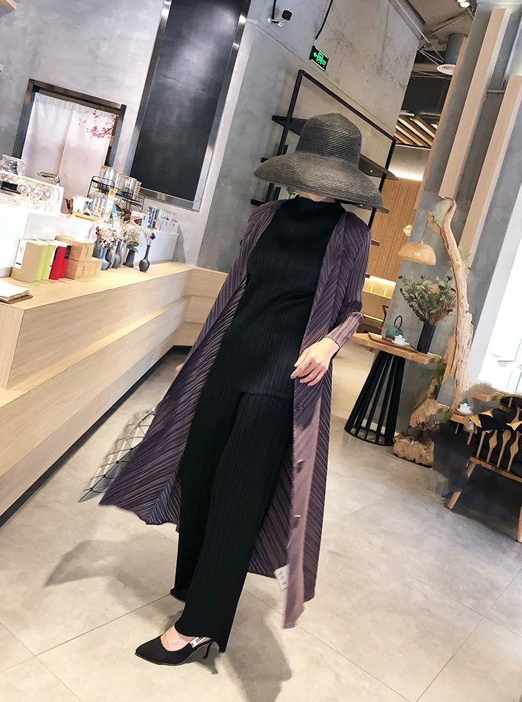 Горячая Miyake модная однотонная ветровка с круглым вырезом и длинными рукавами на одной пуговице