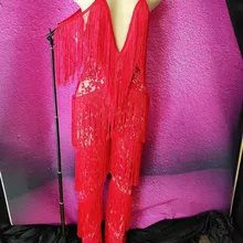 Сексуальный красный комбинезон из спандекса с кисточками и v-образным вырезом, наряд для празднования дня рождения, женский костюм для певицы, танцовщицы, шоу, выпускного вечера