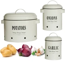 Canisters Set of 3 Potatoes Onions Garlic Container Storage Bins Metal Box White Kitchen Organizer